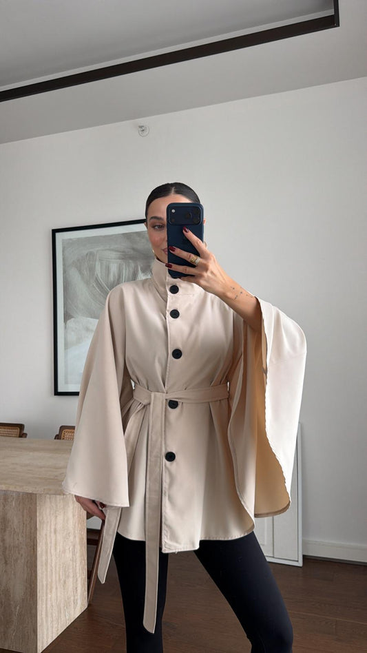 Elara Taupe Belted Cape Jacket