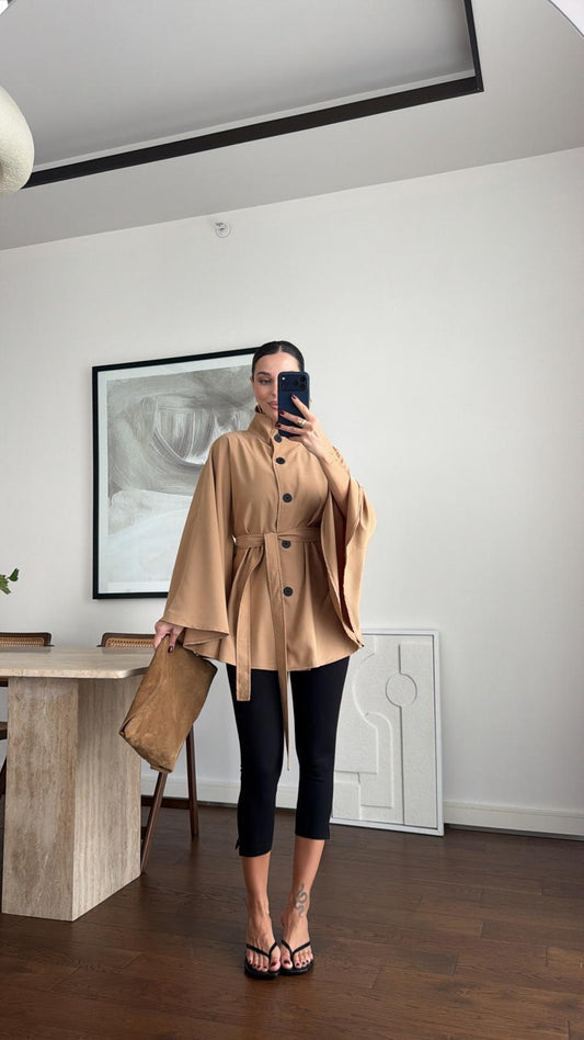 Elara Camel Belted Cape Jacket