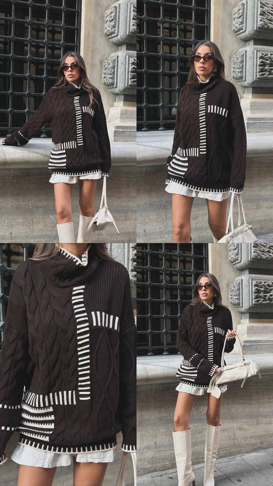 Crew Neck Long Sleeve Brown Striped Sweater