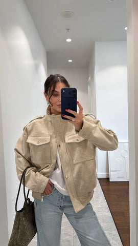 BEIGE SUEDE EPALLET BOMBER JACKET