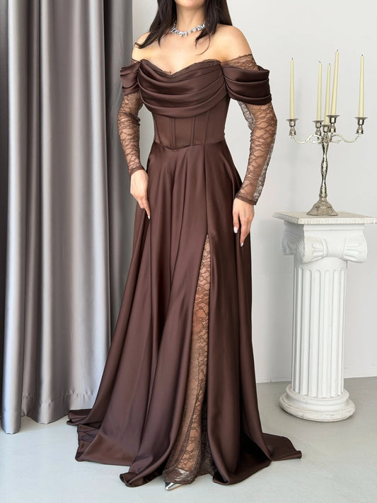 Royal Brown Evening with Lace Details Dress