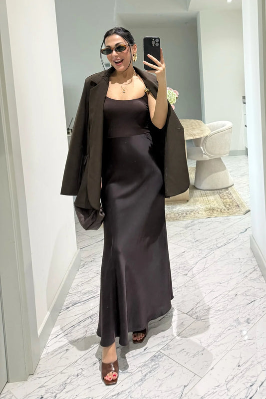 Elegant Satin Bias Brown Skirt