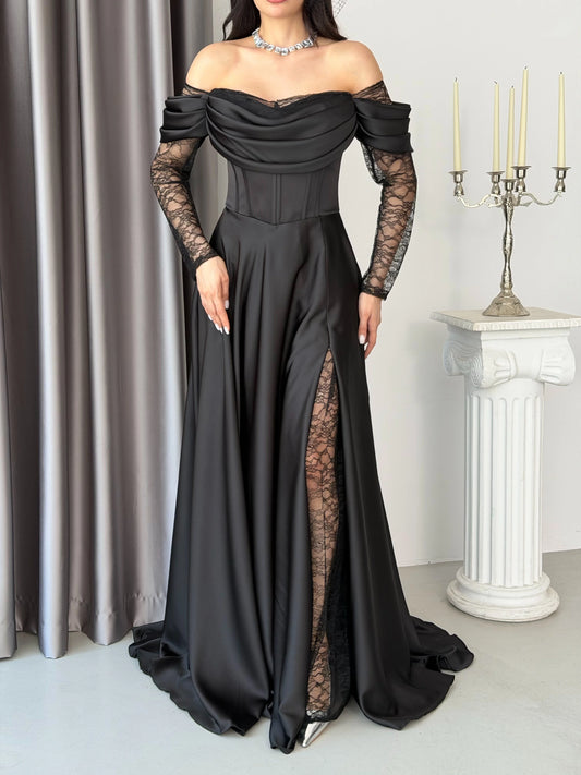 Royal Black Evening with Lace Details Dress