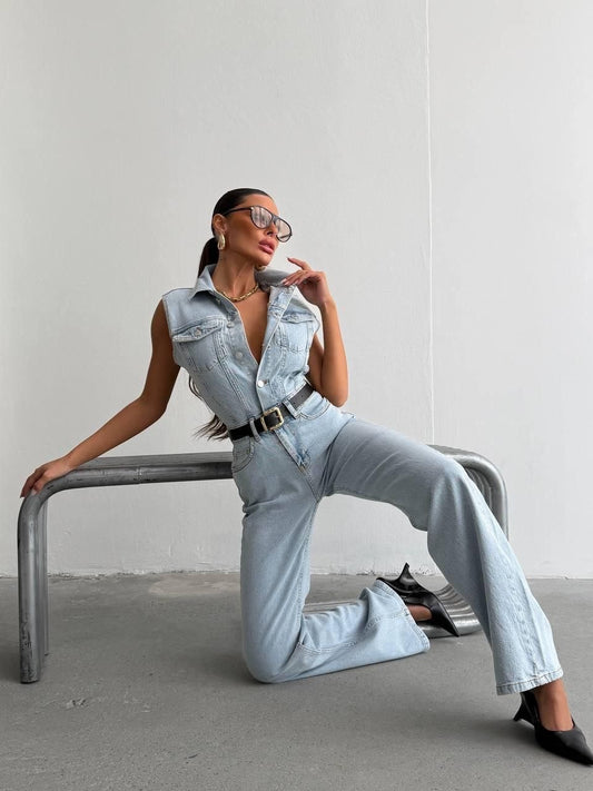 Sleeveless Light Wash Denim Jumpsuit