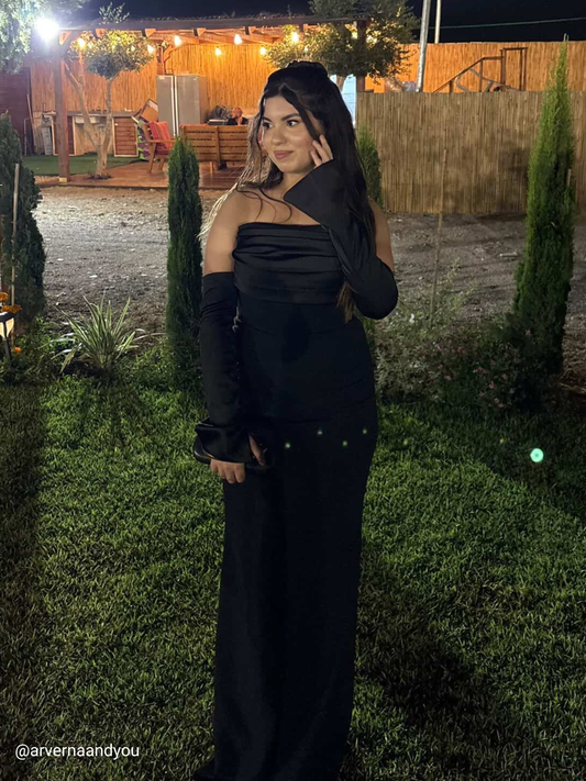 Alya Satin Black Sleeve Evening Dress