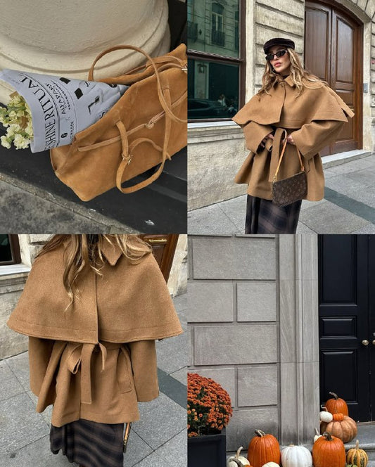BELTED CACHET COAT WITH CAPE DETAIL JACKET
