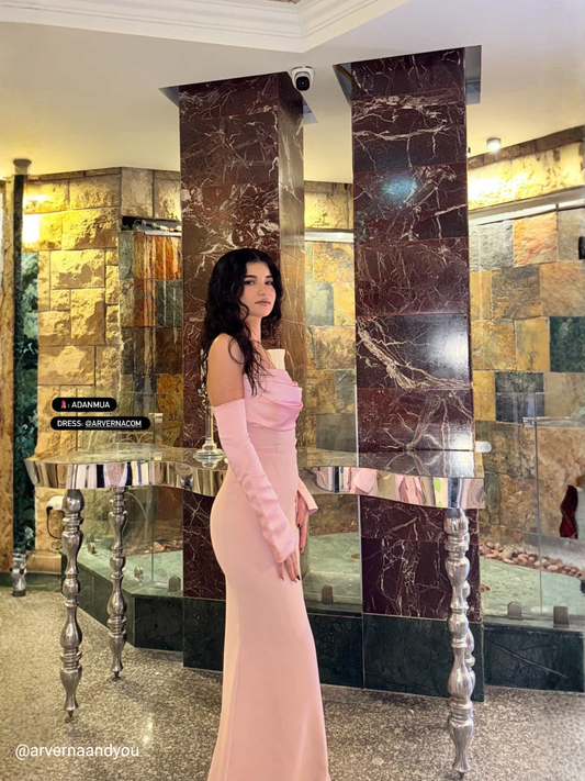Alya Satin Powder Pink Sleeve Evening Dress