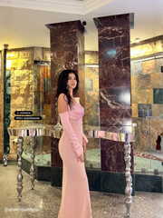 Alya Satin Powder Pink Sleeve Evening Dress