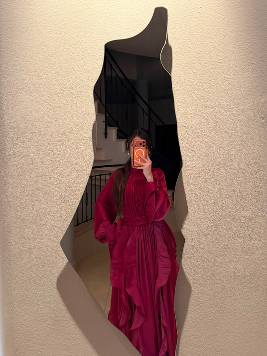 High Neck Ruffle Satin Chiffon Maxi Length Bordo Dress