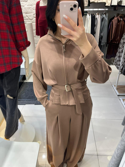 WIDE LEG WITH BELT DETAIL BEIGE SET