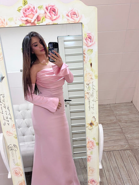 Alya Satin Powder Pink Sleeve Evening Dress
