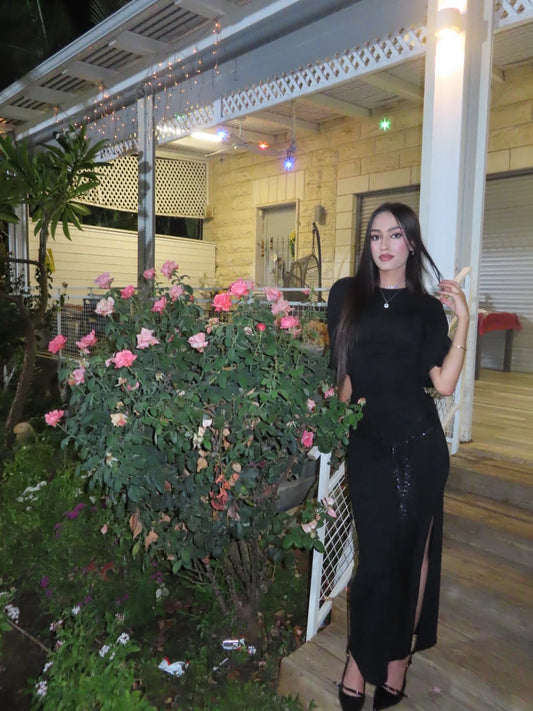 Black Sequin Belted Backless Dress