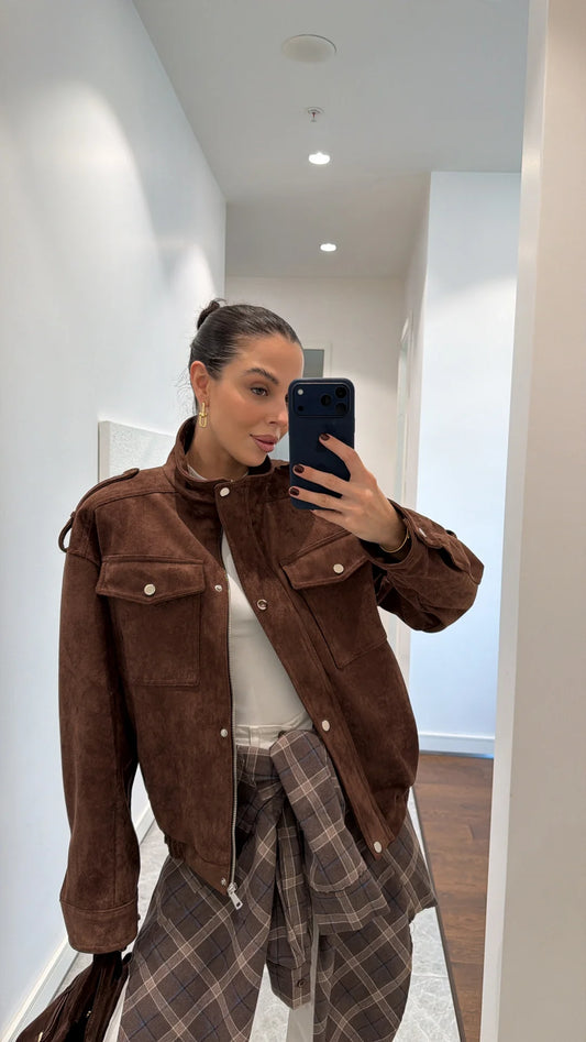 BROWN SUEDE EPALLET BOMBER JACKET