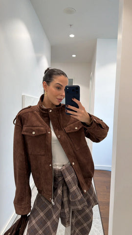 BROWN SUEDE EPALLET BOMBER JACKET