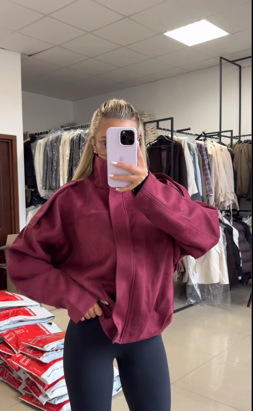 Model Burgundy Bomber Suede Jacket