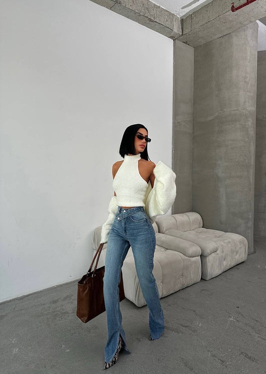 Double breasted high waist wide leg jeans