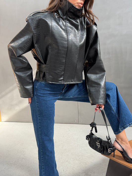 High-Neck Croc-Embossed Leather Jacket