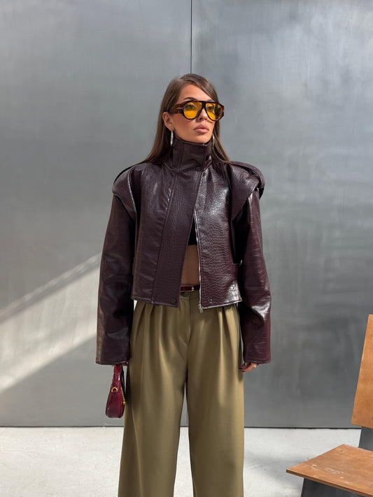 High-Neck Croc-Embossed Leather Jacket