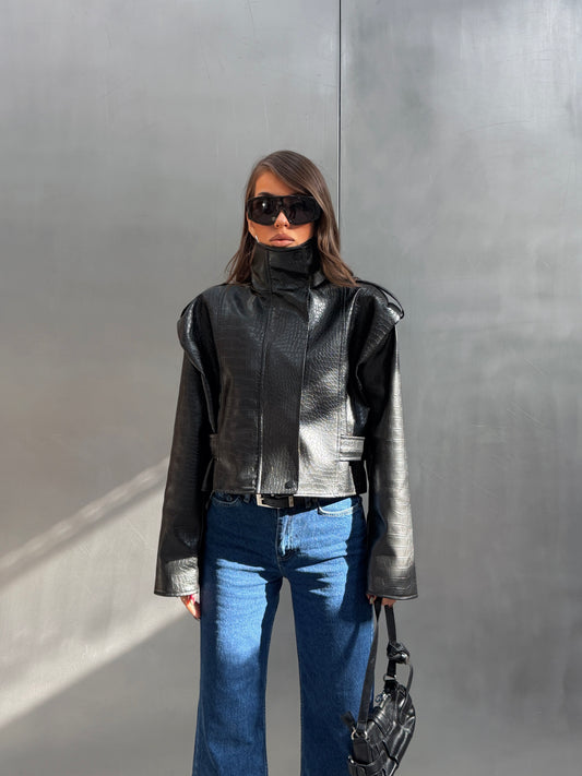 High-Neck Croc-Embossed Leather Jacket