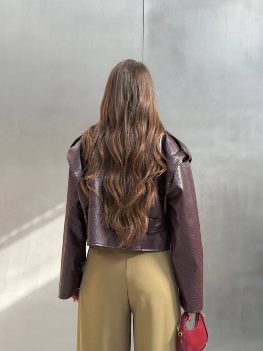 High-Neck Croc-Embossed Leather Jacket