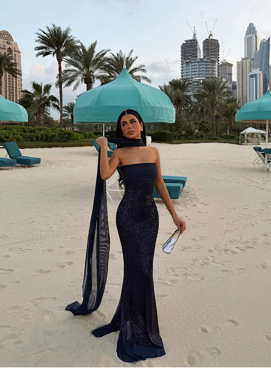 Navy Blue Sequin Strapless Dress