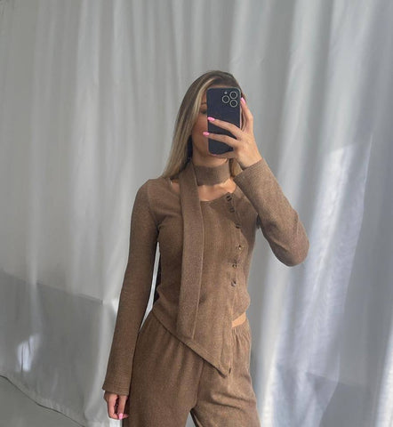 Beige Shawl Detailed Knitwear Soft  Set