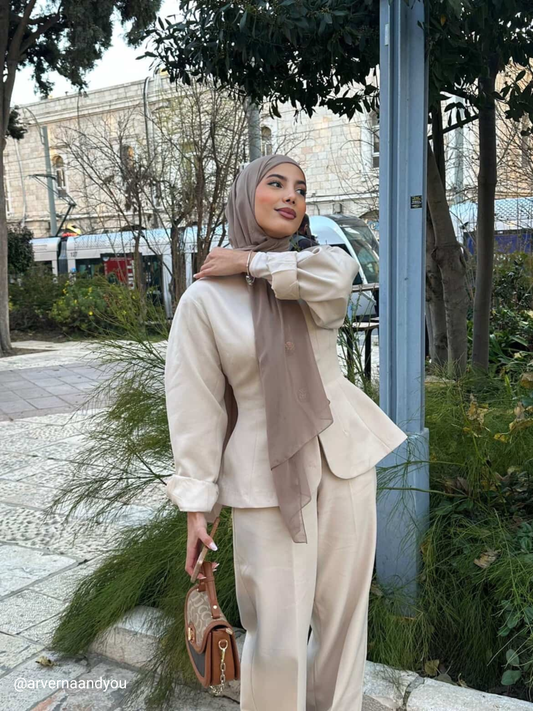 Beage Balloon Sleeve Gold Buttoned Suit