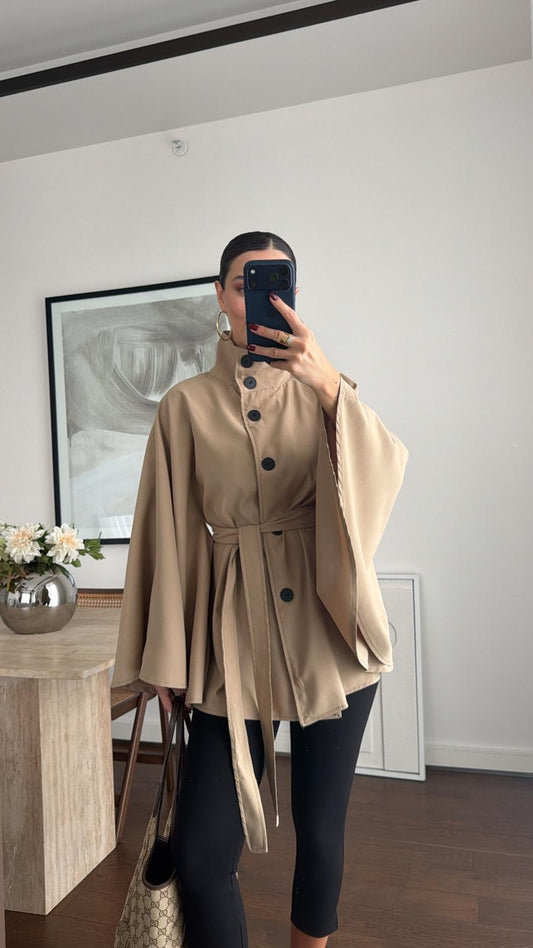 Elara Stone Grey Belted Cape Jacket
