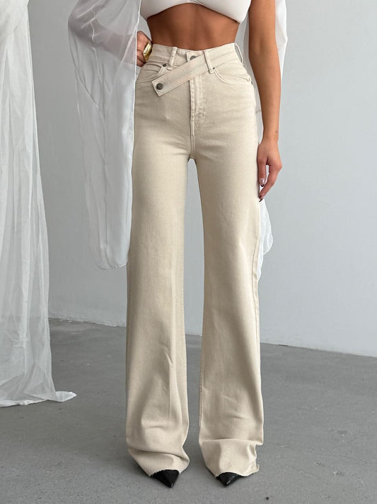 Beige Asymmetric Wide Leg Jean