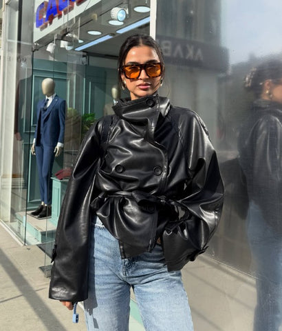 HIGH-COLLAR BELTED LEATHER JACKET