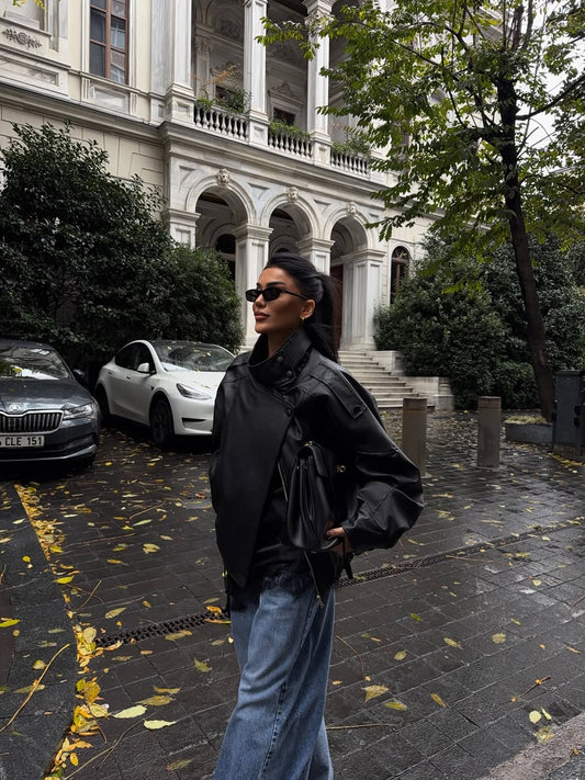 Black Stand Collar Faux Leather Jacket