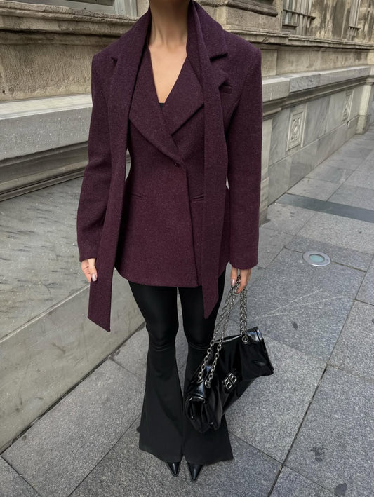 Lined Premium Design Cashmere with Plum Shawl Detail Jacket