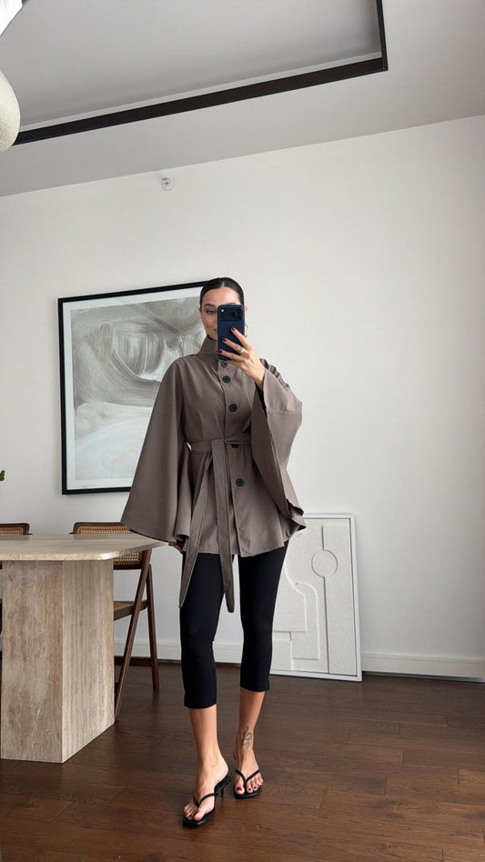 Elara Sand Belted Cape Jacket