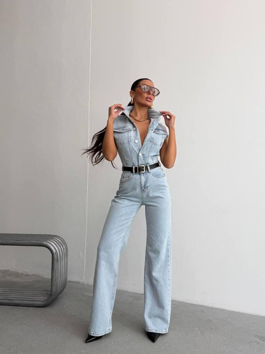 Sleeveless Light Wash Denim Jumpsuit