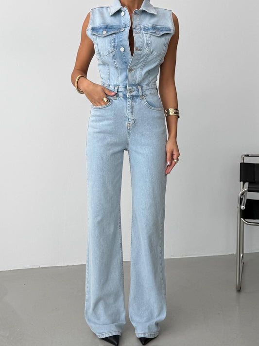 Sleeveless Light Wash Denim Jumpsuit