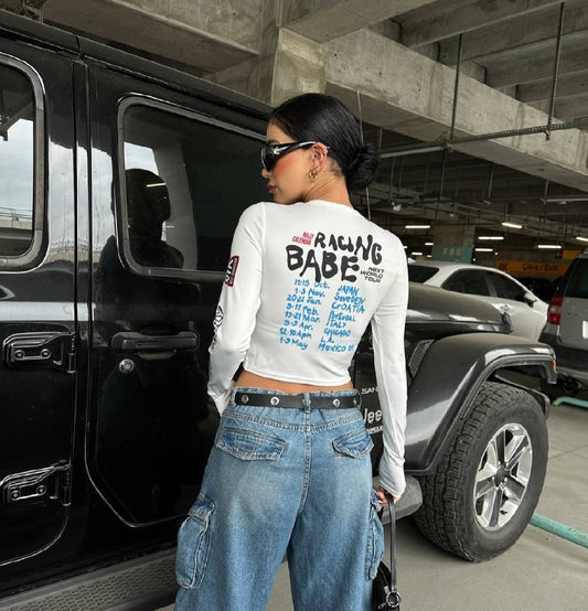 Racing Babe Long Sleeve Crop Top