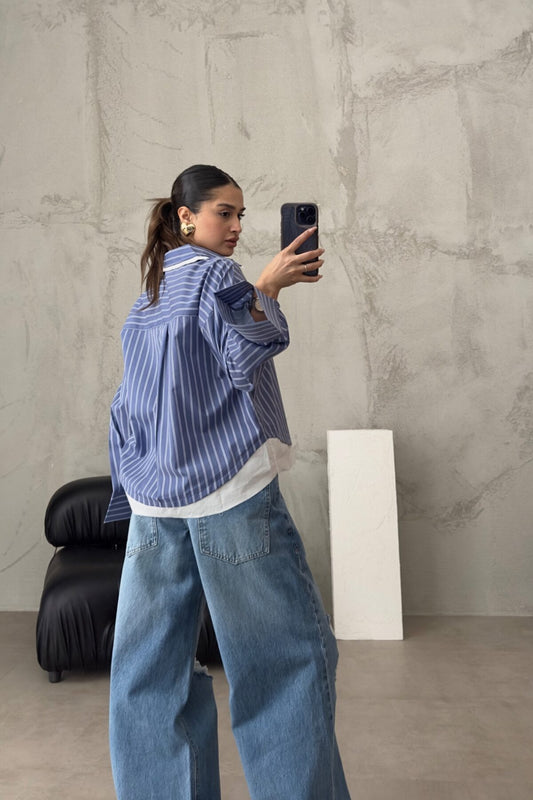 Blue Shirt with Contrast Stripes