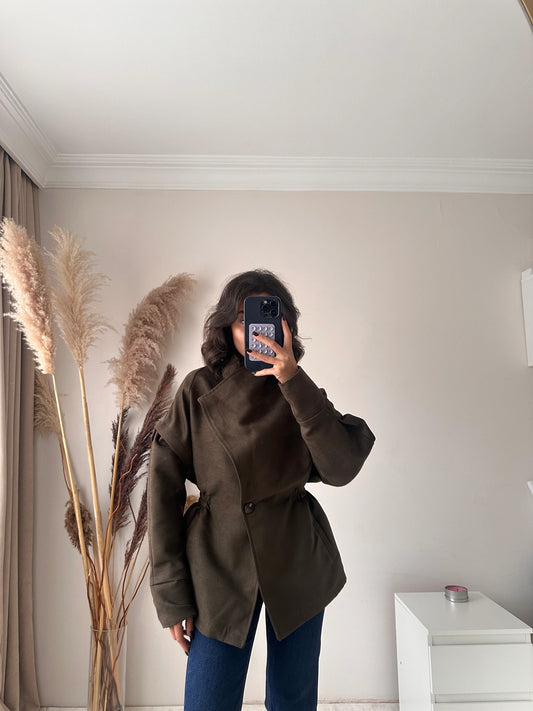 Khaki Elastic Waist Suede Jacket