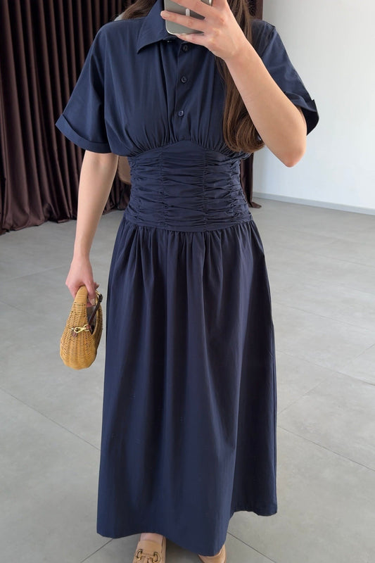 Navy Blue Shirt Collar Draped Long Dress