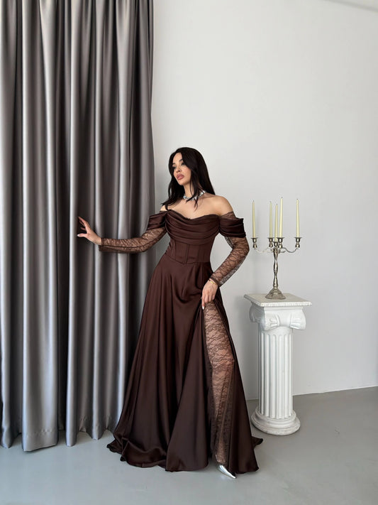 Royal Brown Evening with Lace Details Dress
