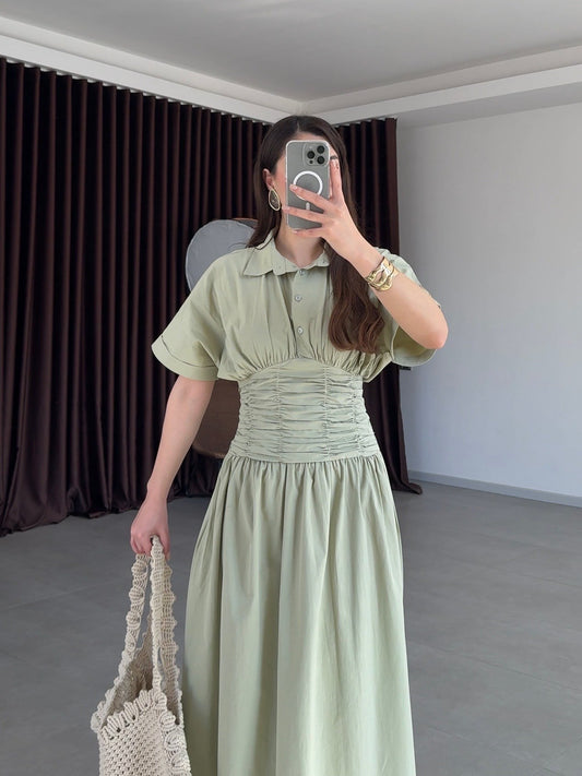 Mint Green Shirt Collar Draped Long Dress