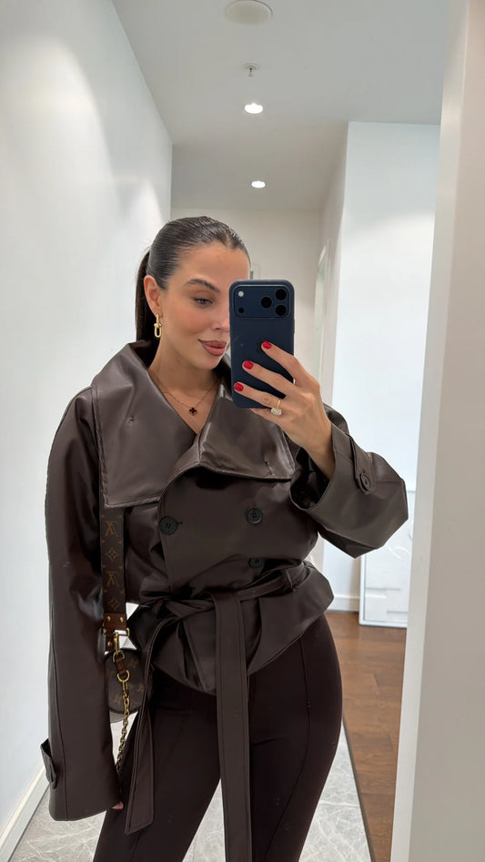 HIGH-COLLAR BELTED LEATHER JACKET