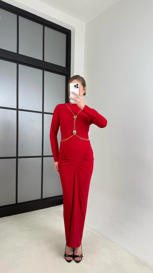 Accessory Detailed Red Design Dress