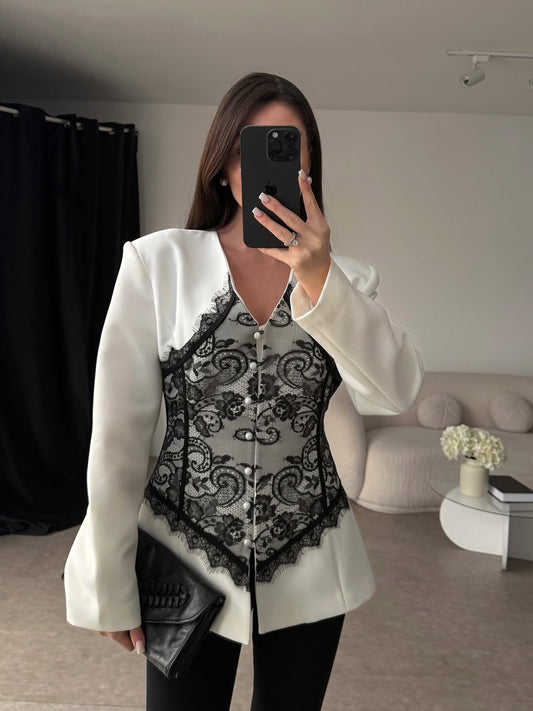 Lace Detail and V-Neck Design Blazer