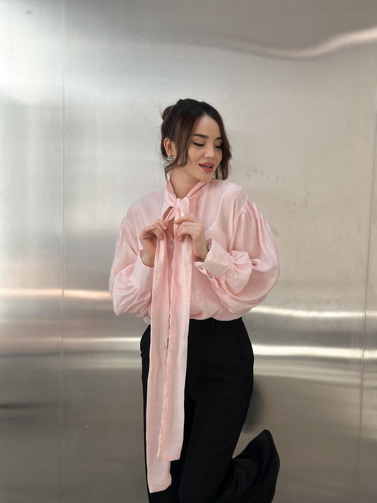 Neckline Tie-Up Balloon Sleeve Blouse