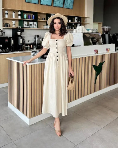 Square Neck Buttoned Balloon Sleeve Dress