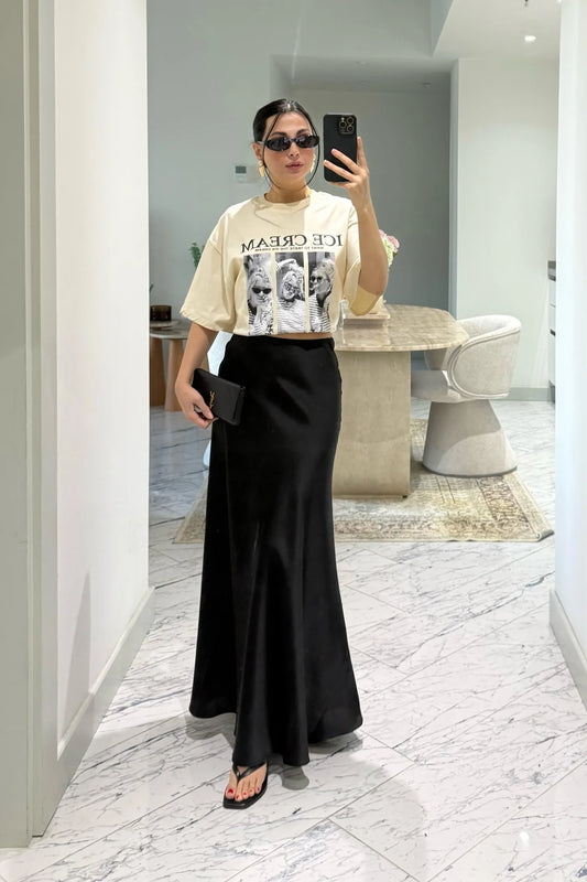 Elegant Satin Bias Black Skirt
