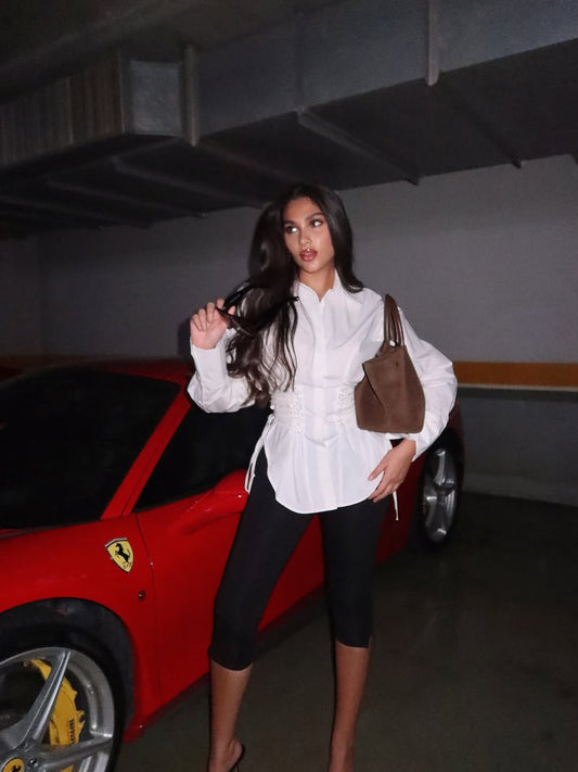 WHITE DESIGN WITH EYELET AND ROPE TIE SHIRT