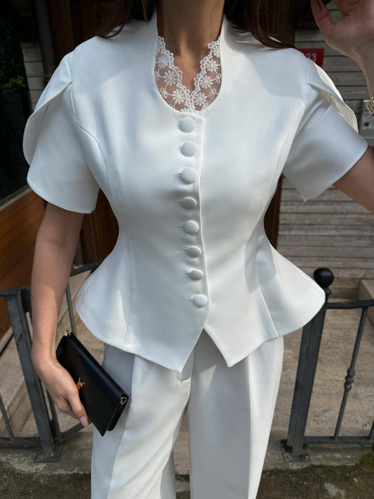 White Lace Collar Blazer Top