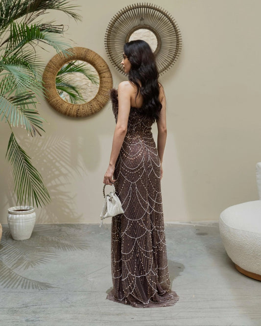 Nisan Brown Stone Embellished Feather Evening Dress